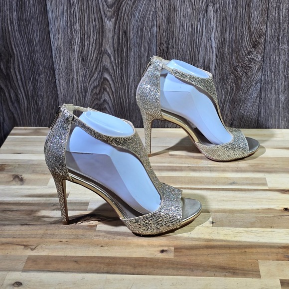 David's Bridal Heels Gold Silver Glitter Peep Toe Zip Back Formal Wedding Size 9 - Picture 4 of 11